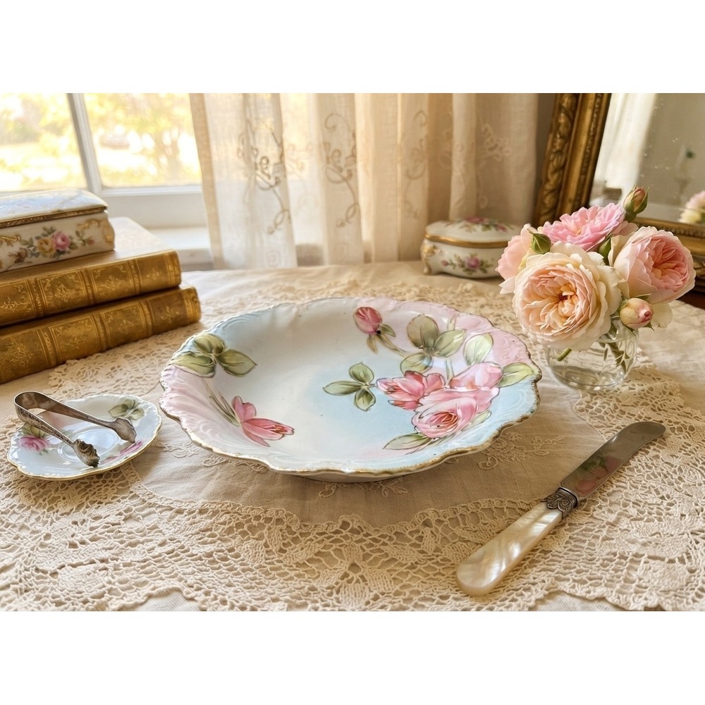 Antique Nippon Hand Painted Pink Rose Porcelain Bowl Gold Gilded Scalloped 10.5